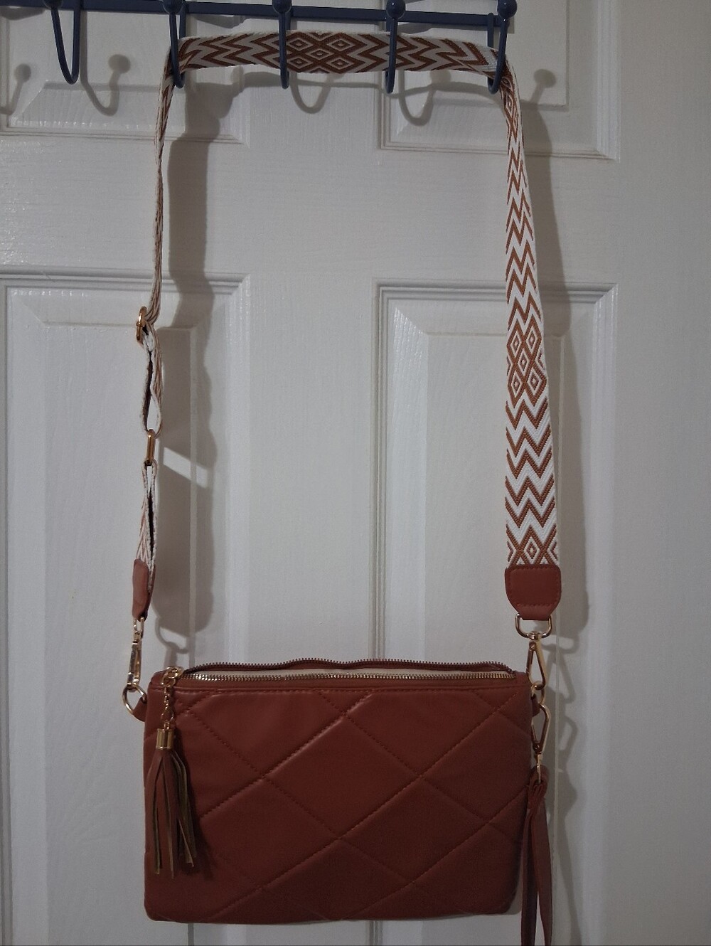 Crossbody Quilted Bag with Patterned Strap - Brown